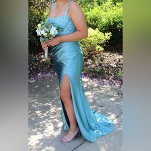 ellie wilde Teal Satin Lace Bodice Prom Gown